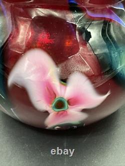 Large Charles Lotton Multi Flora Art Glass Vase Signed Iridescent Red Pink
