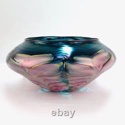Large Daniel Lotton Pulled Feather Pink and Blue Art Glass Bowl or Vase 1991 -GL