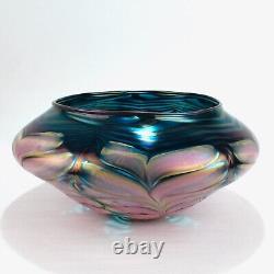 Large Daniel Lotton Pulled Feather Pink and Blue Art Glass Bowl or Vase 1991 -GL