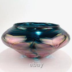 Large Daniel Lotton Pulled Feather Pink and Blue Art Glass Bowl or Vase 1991 -GL