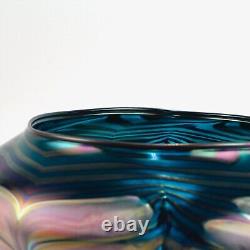 Large Daniel Lotton Pulled Feather Pink and Blue Art Glass Bowl or Vase 1991 -GL