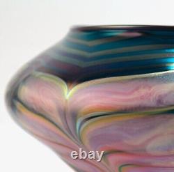 Large Daniel Lotton Pulled Feather Pink and Blue Art Glass Bowl or Vase 1991 -GL