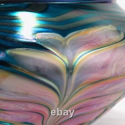 Large Daniel Lotton Pulled Feather Pink and Blue Art Glass Bowl or Vase 1991 -GL