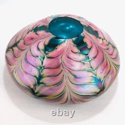 Large Daniel Lotton Pulled Feather Pink and Blue Art Glass Bowl or Vase 1991 -GL