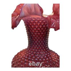 Large Fenton Vase Cranberry Opalescent 10 Inch Hobnail Ruffle Pink Signed