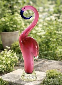 Large Hand Blown Art Glass Flamingo Pink Blue Beak Figurine Murano Style 14.5