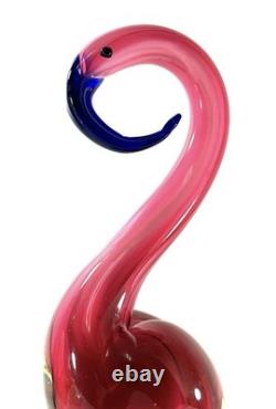Large Hand Blown Art Glass Flamingo Pink Blue Beak Figurine Murano Style 14.5