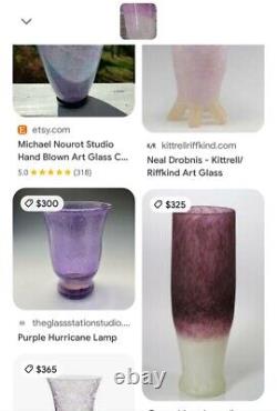 Large Hand Blown Hurricane Vase Candle Holder Pink Purple Fuchsia Confetti Swirl