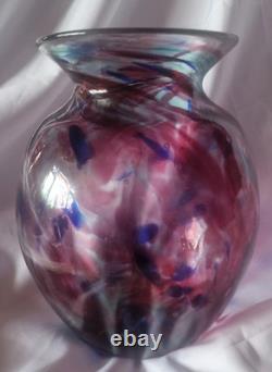 Large Handblown Vintage Art Glass Vase Blue & Pink