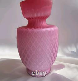 Large Layered antique Victorian pink diamond quilted satin cased glass vase