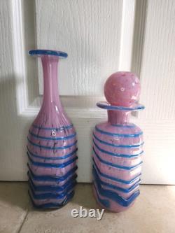 Large Maltese Mdina Pink & Blue Trail Art Glass Decanter Vase Bottle Decor x 2