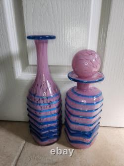 Large Maltese Mdina Pink & Blue Trail Art Glass Decanter Vase Bottle Decor x 2