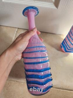 Large Maltese Mdina Pink & Blue Trail Art Glass Decanter Vase Bottle Decor x 2