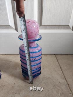 Large Maltese Mdina Pink & Blue Trail Art Glass Decanter Vase Bottle Decor x 2