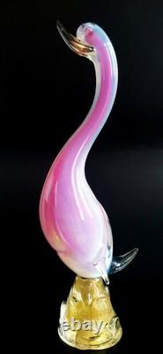 Large Murano Glass Pink Alabastro Bird With Gold Leaves