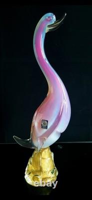 Large Murano Glass Pink Alabastro Bird With Gold Leaves