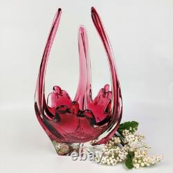 Large Murano Style Pink Art Glass Bowl Vintage Handblown Centerpiece