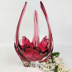 Large Murano Style Pink Art Glass Bowl Vintage Handblown Centerpiece