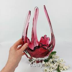 Large Murano Style Pink Art Glass Bowl Vintage Handblown Centerpiece