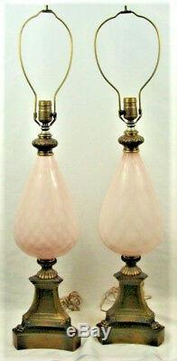 Large Pair Vintage Murano Art Glass Lamps Hollywood Regency Pink Cased Quilted
