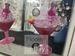 Large Pink 4 strawberry Gin Cocktail glass 3D glitter art in mirrored frame