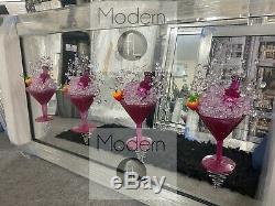 Large Pink 4 strawberry Gin Cocktail glass 3D glitter art in mirrored frame