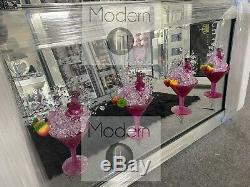 Large Pink 4 strawberry Gin Cocktail glass 3D glitter art in mirrored frame