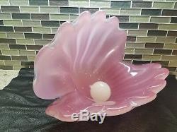 Large Pink and White Archemide Seguso Clam Shell with Pearl Murano Glass