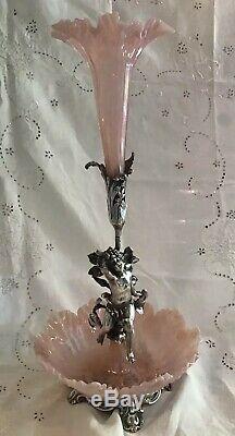 Large Stunning Antique Victorian Pink Art Glass Silverplate Epergne