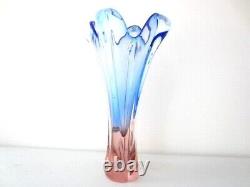 Large Vase blue & pink vintage Retro Glass Skrdlovice Beranek Czech