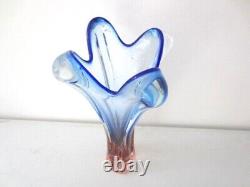 Large Vase blue & pink vintage Retro Glass Skrdlovice Beranek Czech