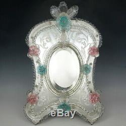 Large Venetian Art Glass Beveled Mirror Vanity Table Wall, Pink & Blue Flowers