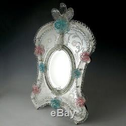Large Venetian Art Glass Beveled Mirror Vanity Table Wall, Pink & Blue Flowers