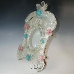 Large Venetian Art Glass Beveled Mirror Vanity Table Wall, Pink & Blue Flowers