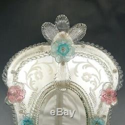 Large Venetian Art Glass Beveled Mirror Vanity Table Wall, Pink & Blue Flowers