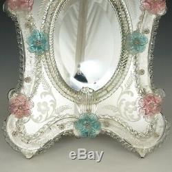 Large Venetian Art Glass Beveled Mirror Vanity Table Wall, Pink & Blue Flowers