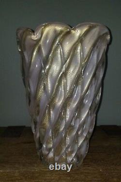 Large Vintage Barovier Murano Art Glass Vase in Pink and Gold Aventurine