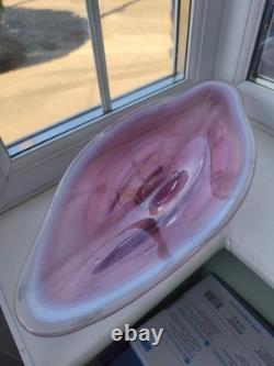 Large Vintage Czech Chribska pink, white & clearl bubble web Art Glass Bowl C70's