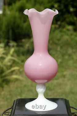 Large Vintage Italian Pink Opaline Vase Scalloped White Base Empoli 36cm 13.9in
