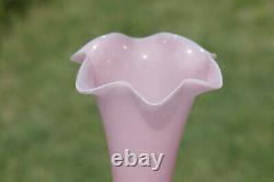 Large Vintage Italian Pink Opaline Vase Scalloped White Base Empoli 36cm 13.9in