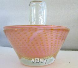 Large Vintage Murano Dresser Candy Jar Pink Controlled Bubbles / Gold Inclusions