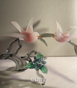 Large Vintage Murano Glass Two Birds On Flower Branch Pink Opaline Figurine