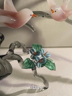 Large Vintage Murano Glass Two Birds On Flower Branch Pink Opaline Figurine