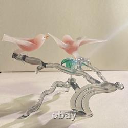 Large Vintage Murano Glass Two Birds On Flower Branch Pink Opaline Figurine
