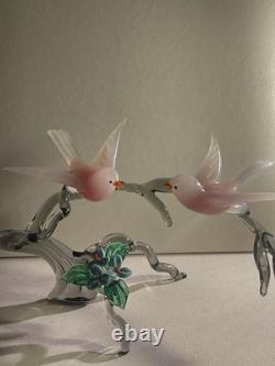 Large Vintage Murano Glass Two Birds On Flower Branch Pink Opaline Figurine