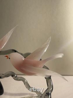 Large Vintage Murano Glass Two Birds On Flower Branch Pink Opaline Figurine