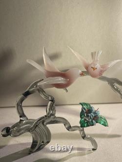 Large Vintage Murano Glass Two Birds On Flower Branch Pink Opaline Figurine