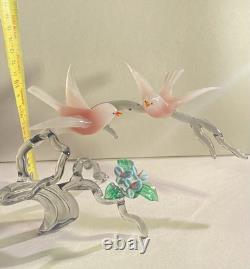 Large Vintage Murano Glass Two Birds On Flower Branch Pink Opaline Figurine