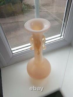 Large Vintage Murano Pink Opalescent Art Glass Vase With Applied Decoration