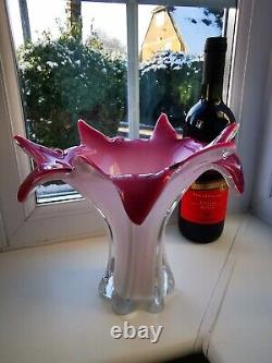Large Vintage Murano Pink, White & Clear Opalescent Freeform Art Glass Vase